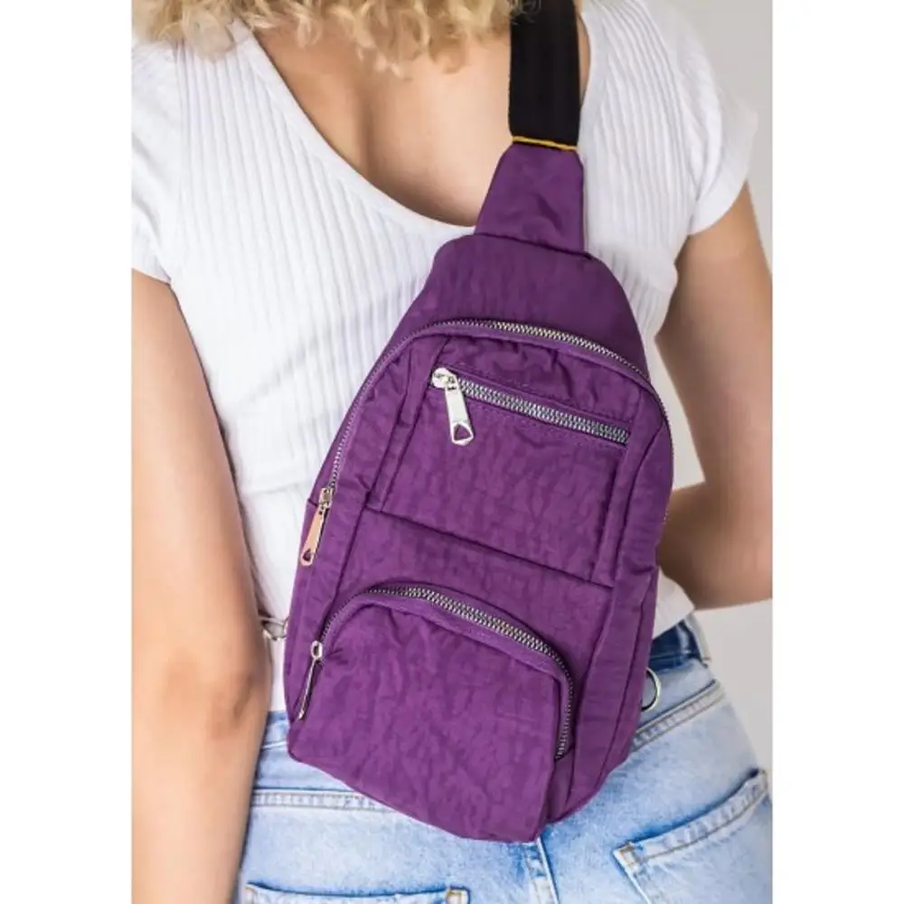 

Purple Color Fashion Trend Women Lady Quality Zippered Cloth Fabric Waist Crossbody Backpack and Shoulder Bag