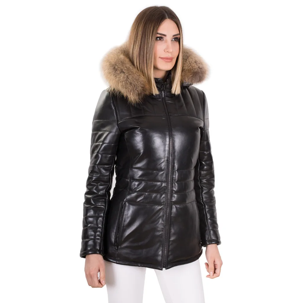 Women Collar Fur Leather Jacket Winter Black Color Waterproof Leather Jacket Genuine Sheepskin Long Coats Keeps Warm