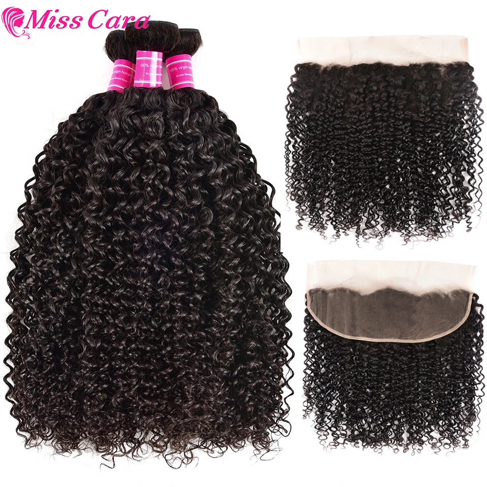 Бразильские кудрявые пучки с фронтальной 100% Реми человеческие волосы пучок