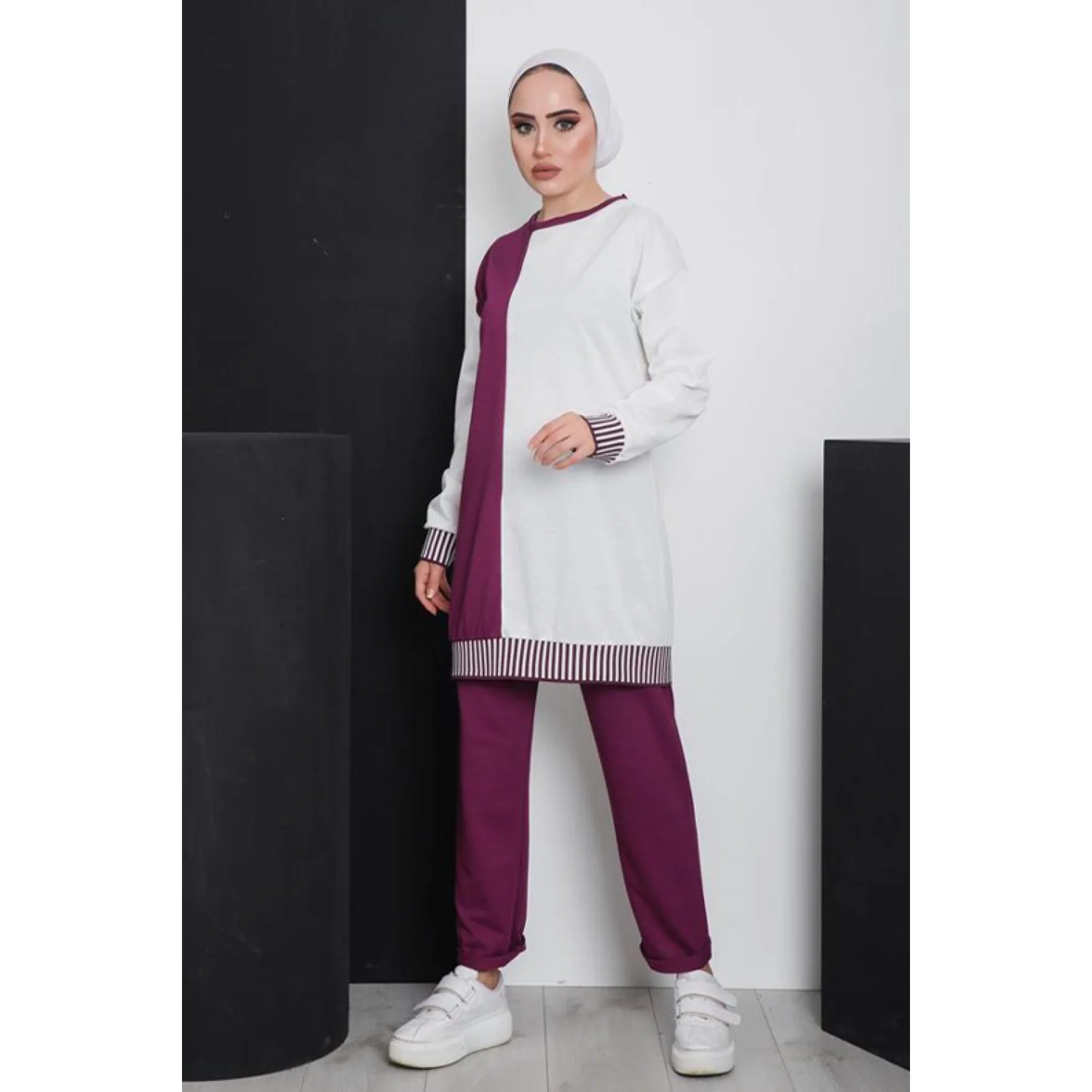 

Женский спортивный комплект из 2 предметов, длинная туника и брюки в полоску, мусульманский комплект для фитнеса, Турция, Дубай