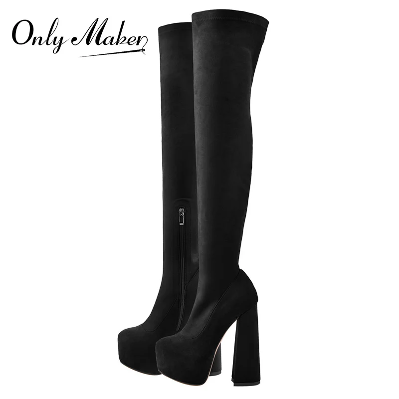 Onlymaker Winter Over The Knee Women Boots Stretch Fabrics Platform Chunky High Heel Slip on Shoes Pointed Toe  Zipper  Boots