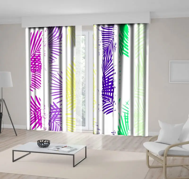 

Curtain Palm Leaves Exotic Plant on Stipes Summer Tropical Theme Vibrant Colored Artwork Green Purple Yellow