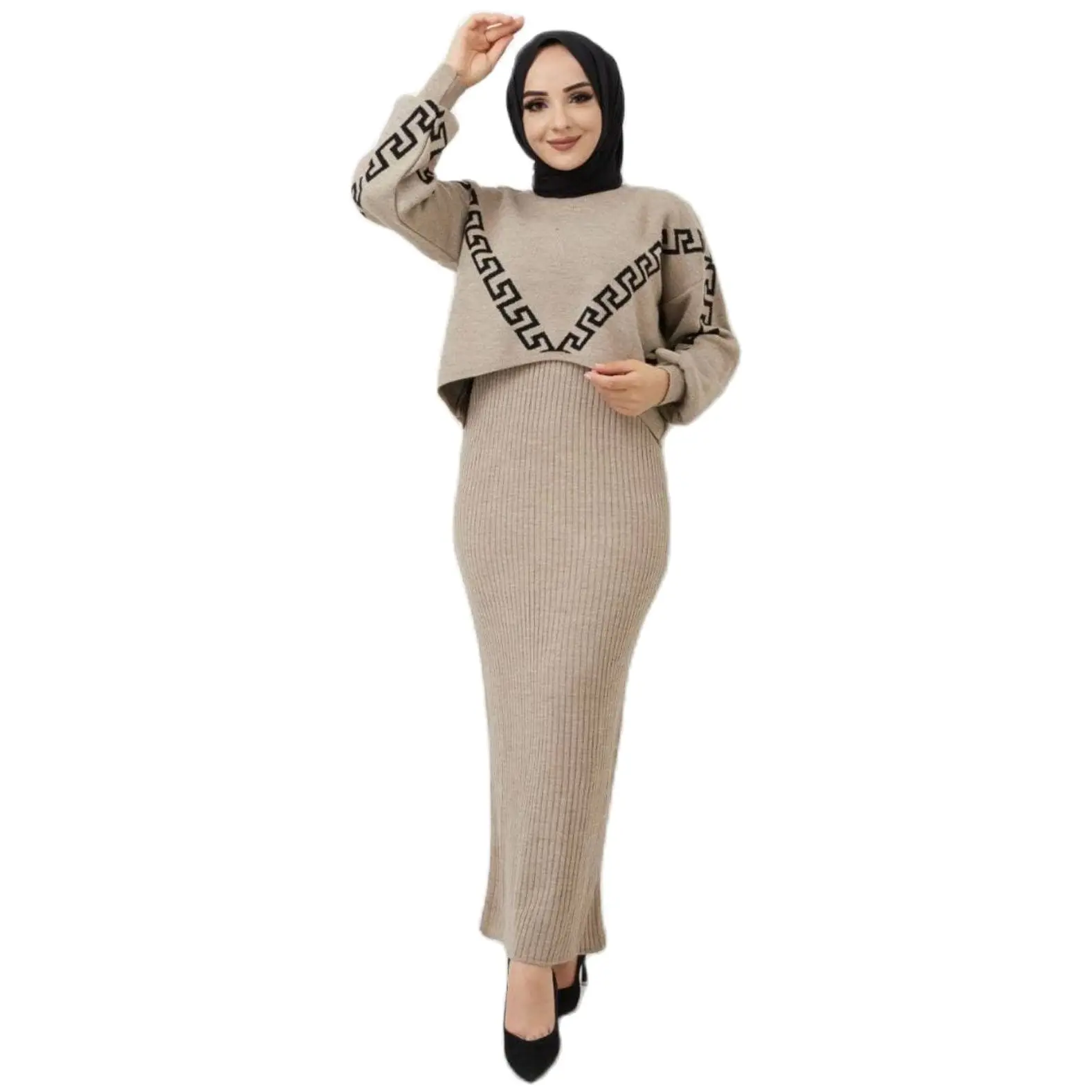 

2 Piece Women's Knitted Set Maxi Dress and Detailed Short Turtleneck Sweater Knitwear Suit Turkey Muslim Fashion 2021