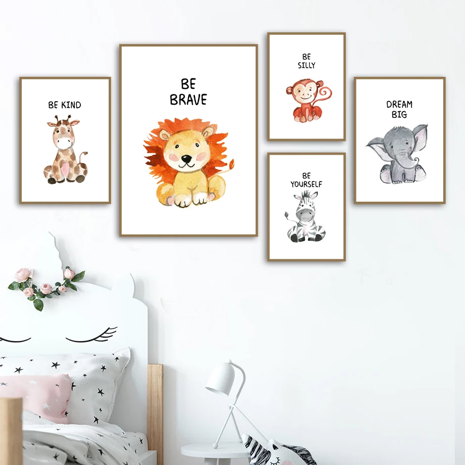 

Elephant Giraffe Zebra Lion Monkey Cute Animals Art Canvas Painting Nordic Posters And Prints Wall Pictures For Kids Room Decor
