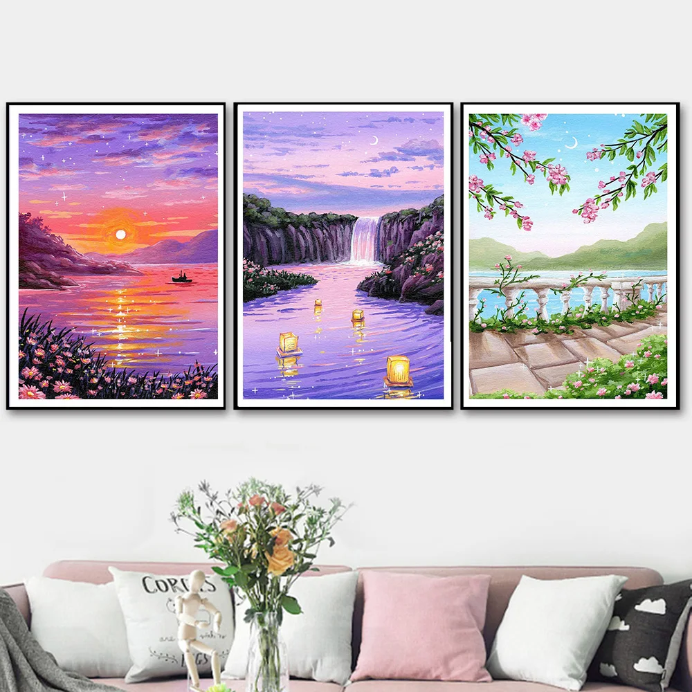 Скандинавский эстетический пейзаж плакат мечты фиолетовый водопад закат озеро