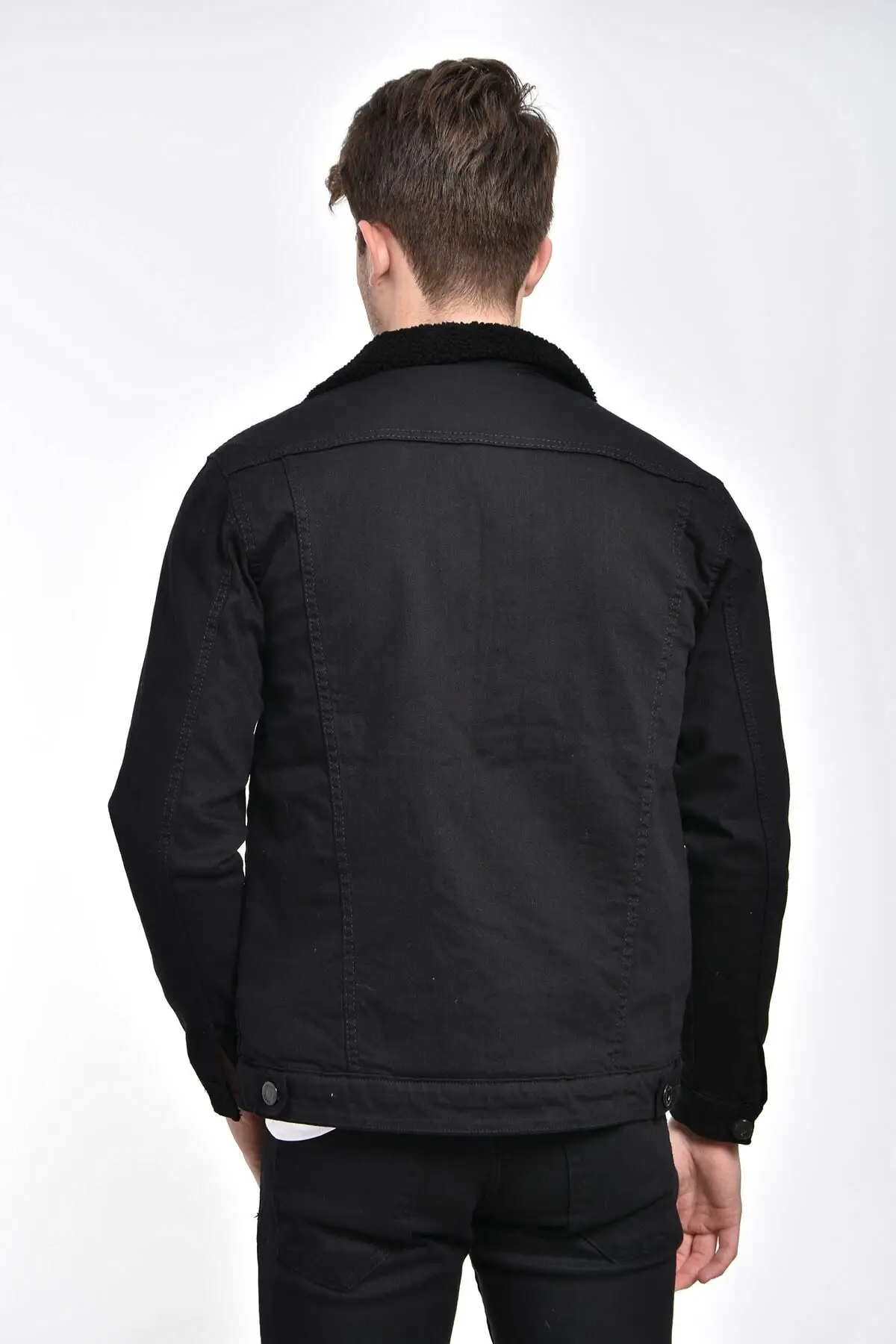 

Men's Black Double Pocket Furry Denim Jacket Casual Slim Outwear Windbreaker Denim Jackets Fashion Men Fleece Thick Warm Jeans