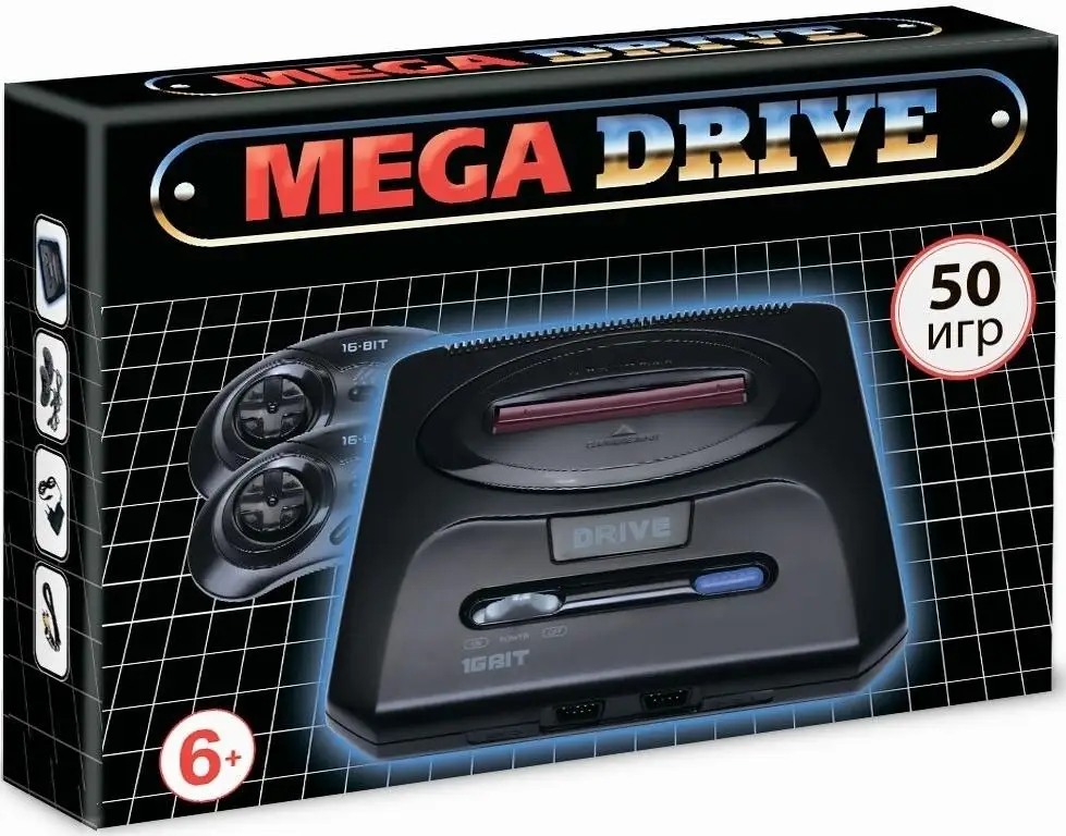 Игровая приставка 16 bit Mega Drive Classic (50 в 1) + 50 встроенных игр 2 геймпада (Черная) -