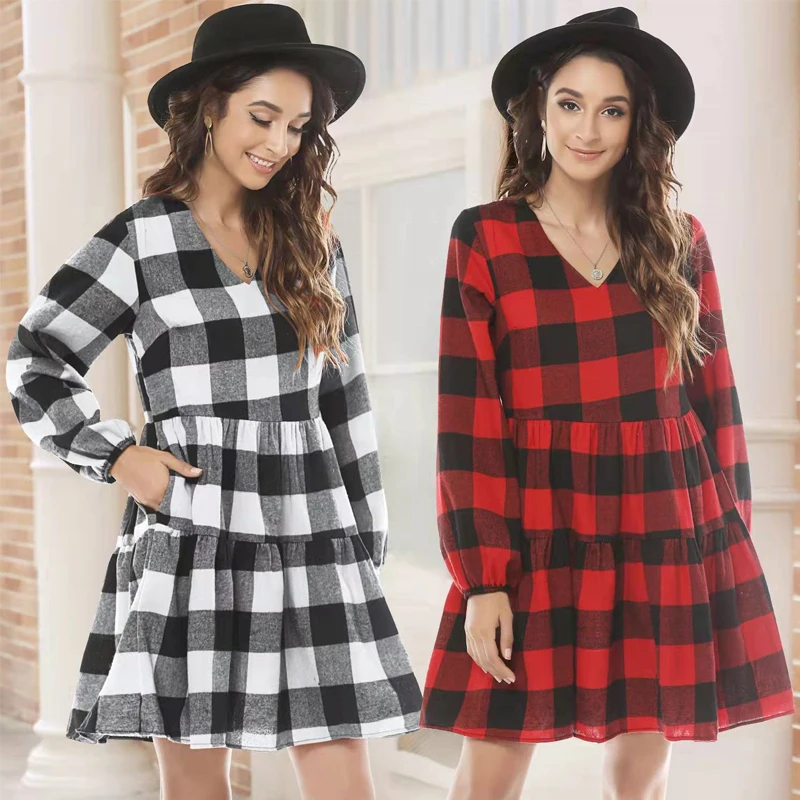 

Women Long Sleeve Turn-down Collar Classic Plaid Print Dress Single Breasted Cotton Long Shirts Black Red Cotton Robe