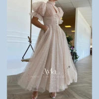 glitter high neck puffy sleeves evening dress luxury ball gown knee skirt prom gowns formal gowns vestidos de novia