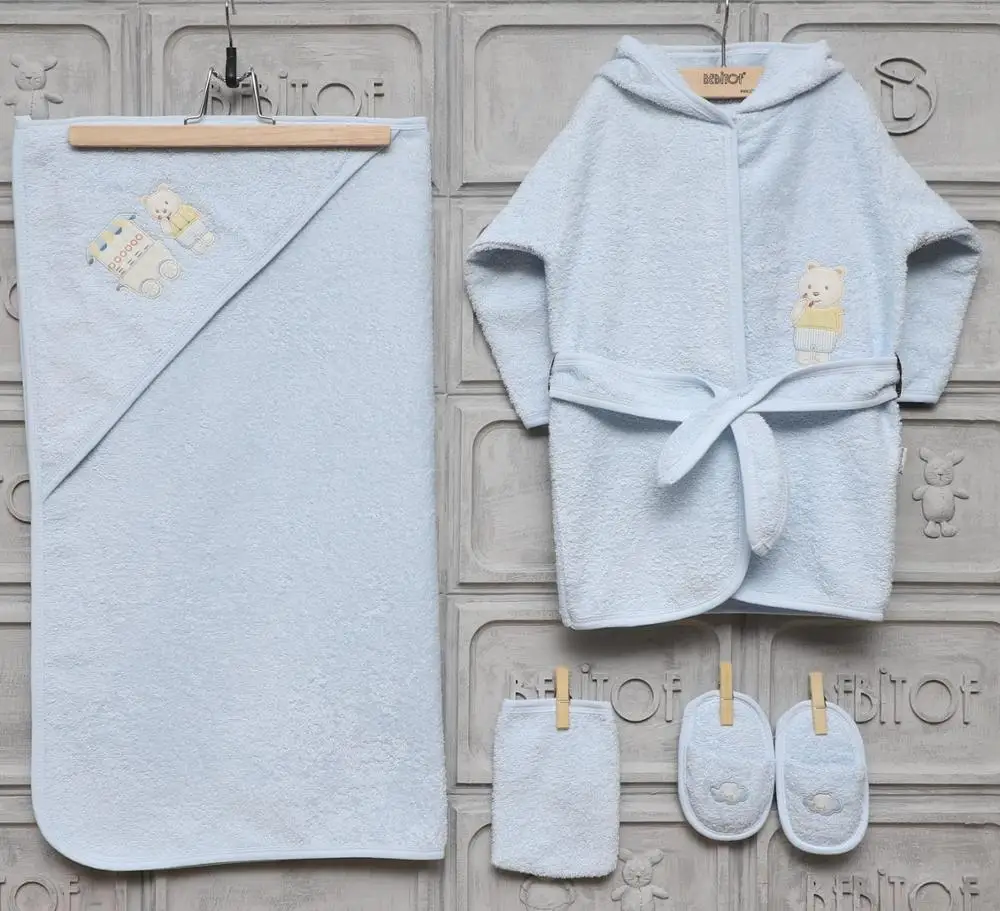 

Bebitof Newborn Baby Boys Toddler 100% Cotton Terry Bathrobe & Hooded Towel Set Bathtime Gift Bundle 5 Piece Blue 0 – 24 Month