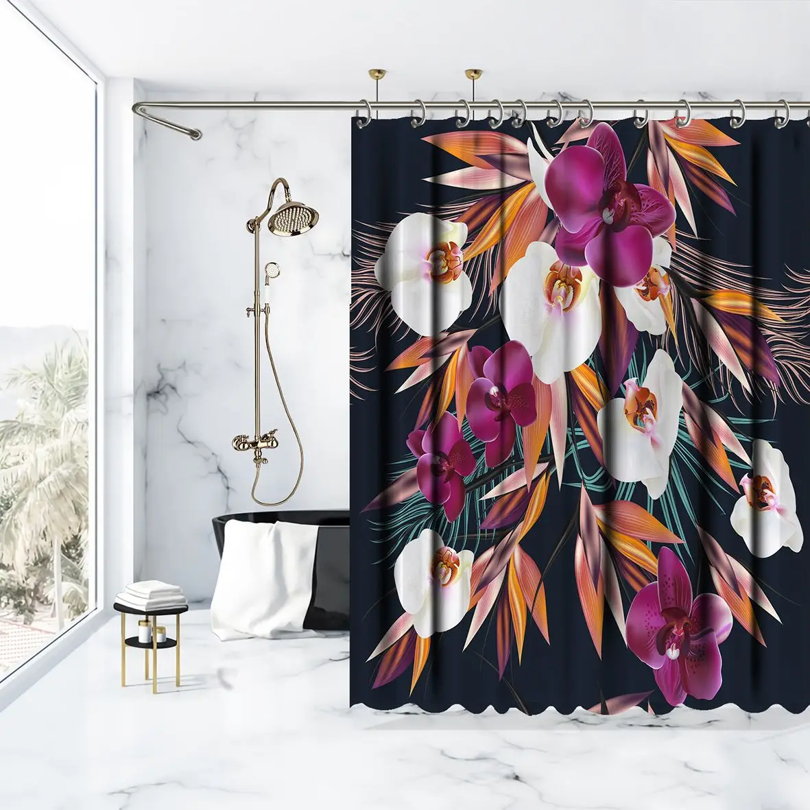 Занавеска для душа тропические растения орхидеи и Пальмовые Листья на темно