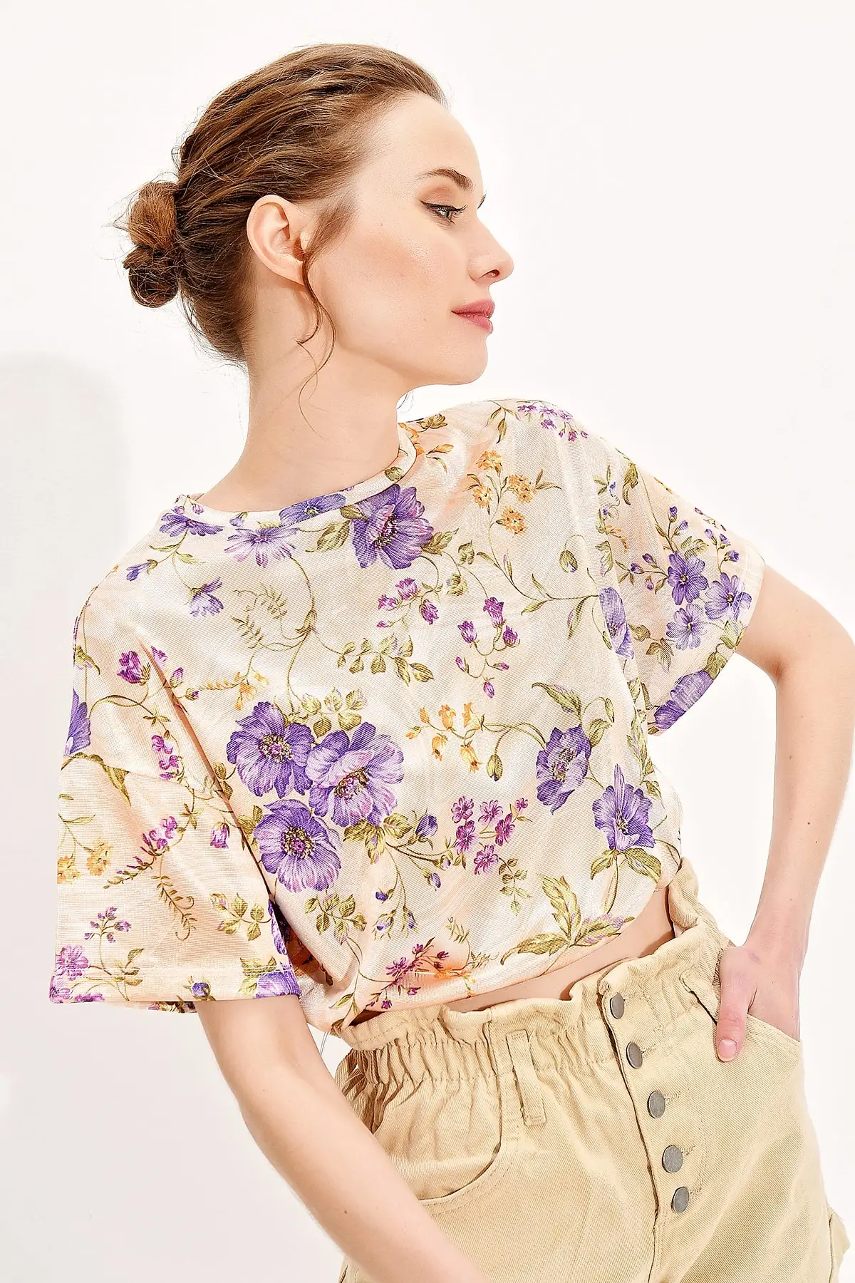 Тренд Alacati Стиль Женский мятный цветочный узор Талия Drawcord укороченный Alc 020