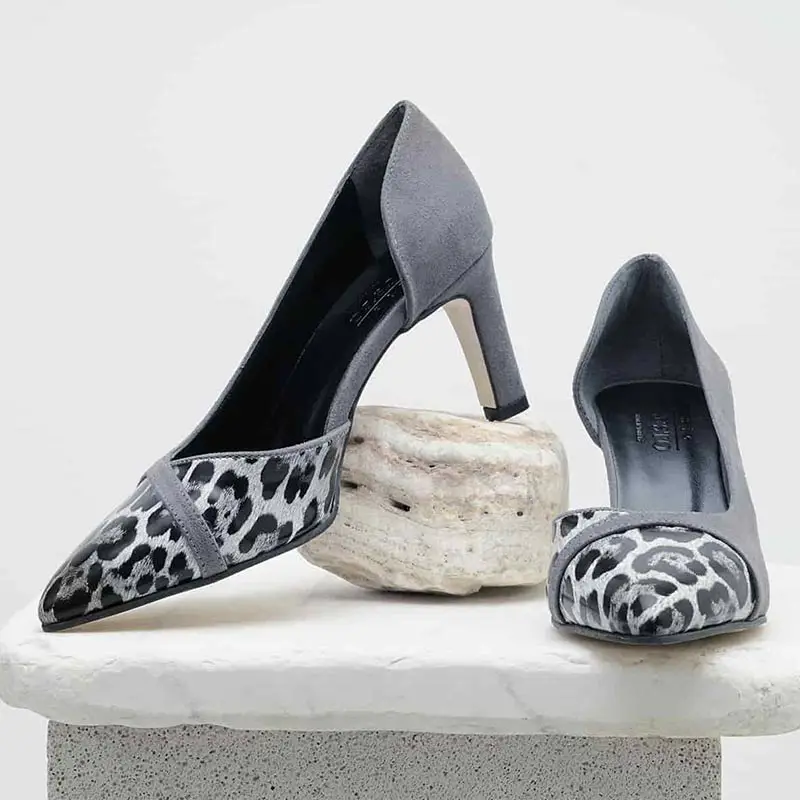 Mio Gusto Brand FRANCES, 6Cm Short Heel, Gray and Black Colors, Leopard Patterned Suede, high Quality, Women's Stiletto Pumps.