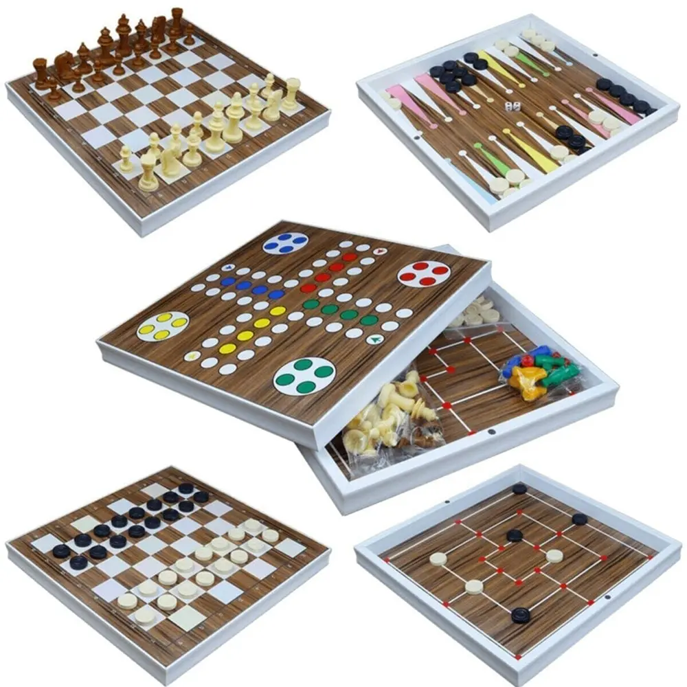New Handmade 5-Piece Game Set Wooden International Chess Set Backgammon Checkers Ludo Checkers Ludo Nine Men's Morris Games Set
