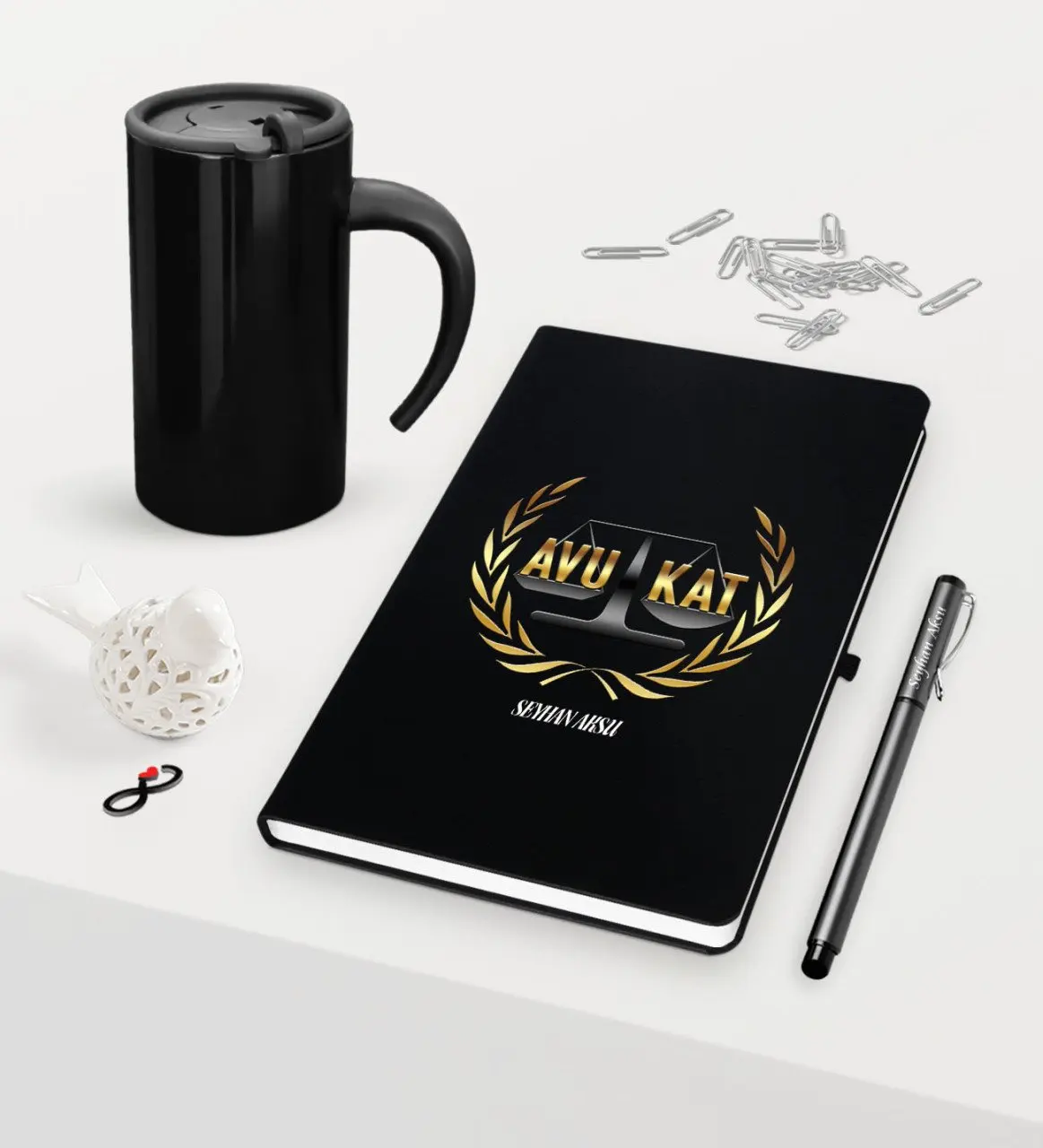 

Personalized Attorney Themed Black Notebook Pen and Thermos Mug Set-1