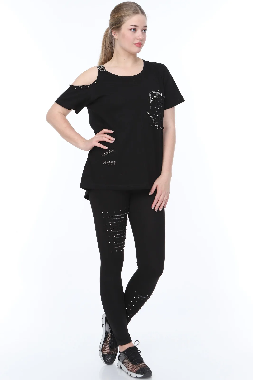 diaves frauen selbst wirkung säure spülung ripped pailletten pailletten detaillierte fahrrad hals schulter low cut trainingsanzug set free g