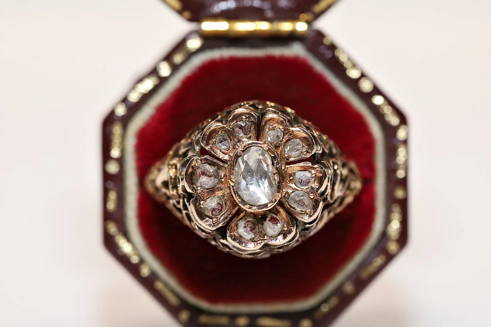 

Antique Original Ottoman 14k Gold Natural Rose Cut Diamond Decorated Pretty Ring