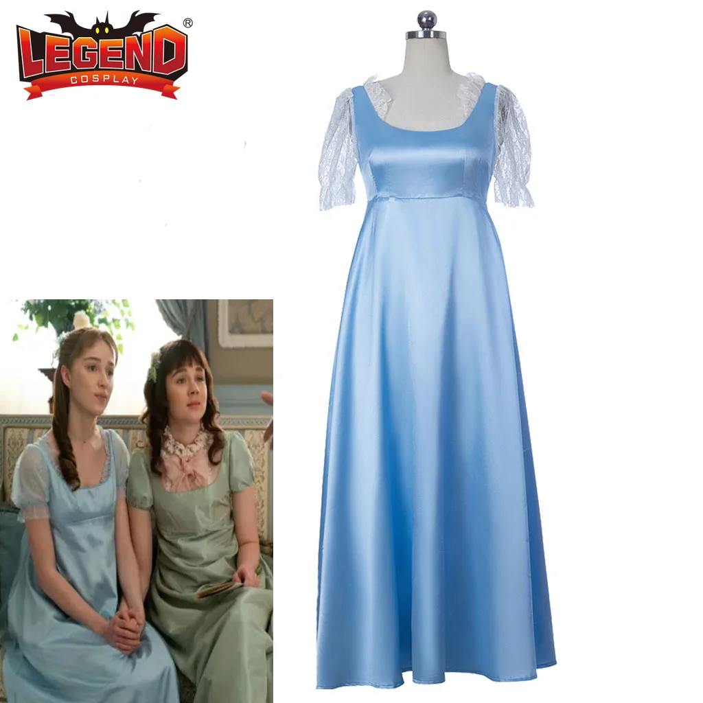 Regency Era Ball Gown Bridgerton Daphne Cosplay Costume Blue Satin Dress Jane Austen Costume Dress Regency Empire Waist Gown