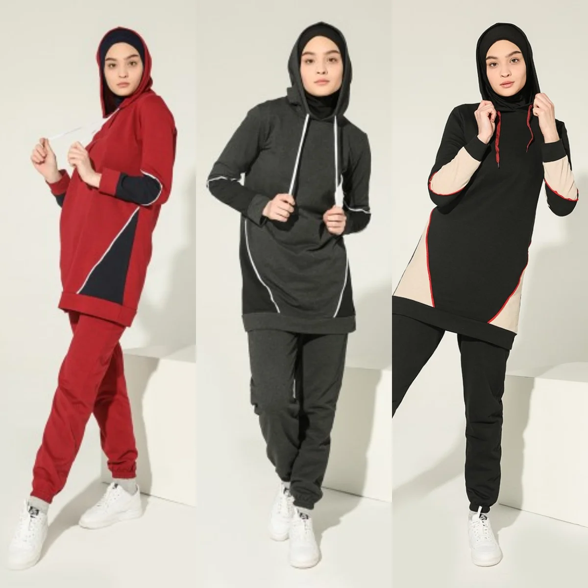 2 pcs New Season Muslim Women Hooded Double Tracksuit Set Cotton Eid Mubarak Kaftan Dubai Abaya Turkey Arabic  Outfit  Tracksit