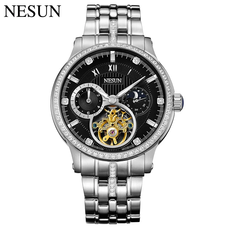 

Nesun Official Men Skeleton Flywheel Automatic Wristwatch Coated Glass Moon Phase 50M Waterproof SS316 Stainless Steel Rhinstone