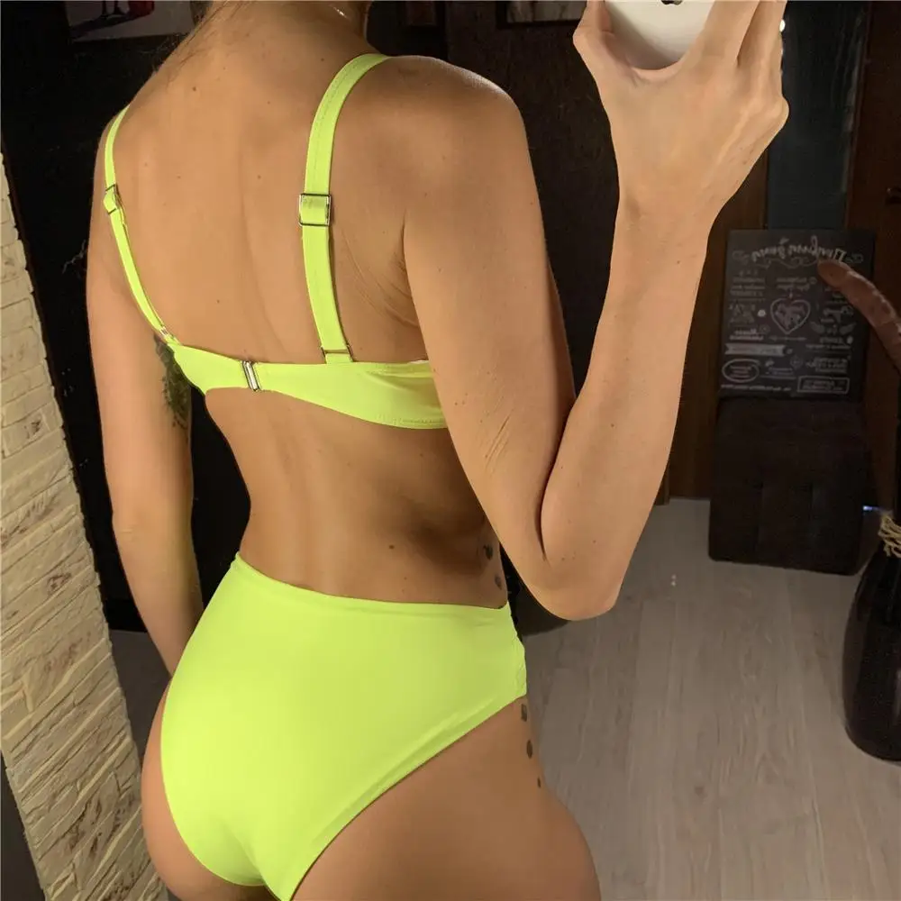 Черный Неоновый зеленый купальный костюм с высокой талией бикини Сексуальная