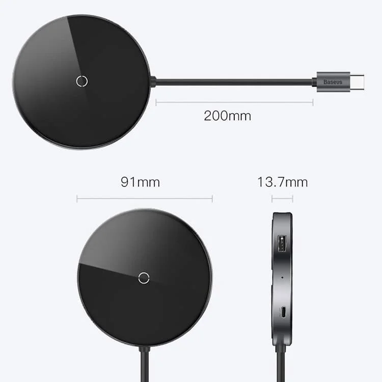 Хаб с беспроводной зарядкой Baseus Circular Mirror (USB х4 + Type-C PD) Серый | Электроника
