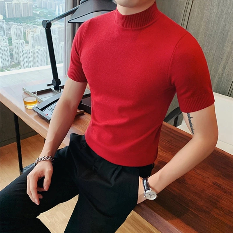 

Men's Solid Color Knitted T-shirt Slim Fit Short Sleeve Tops Half High Collar T-shirts Casual Shirt Streetwear