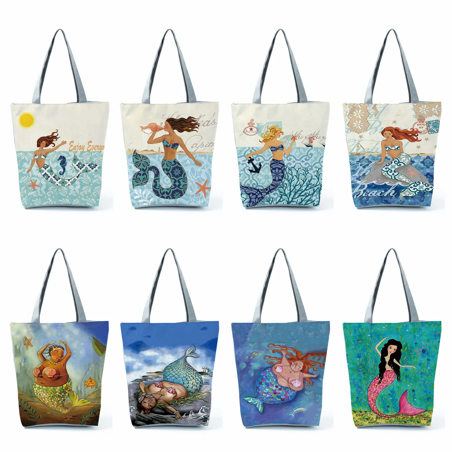 

Mermaid Female Printed Handbags Portable Fabric Bag High Capacity Casual Shopping Bag Travel Beach Bag Daily Tote Custom Pattern
