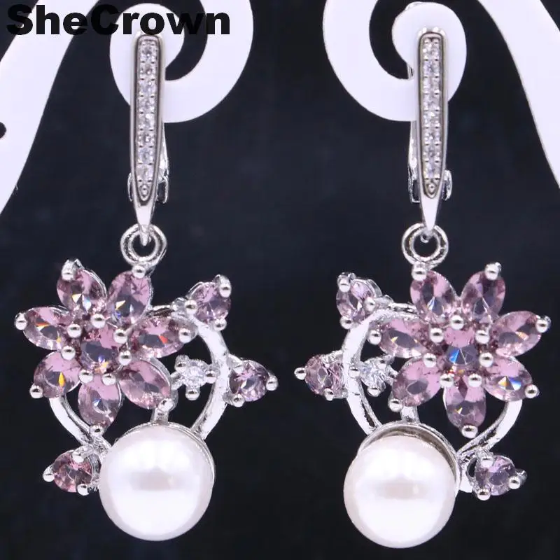 38x14mm Beautiful Flower Shape Created Purple Amethyst White Pearl Gift For Mother Silver Earrings