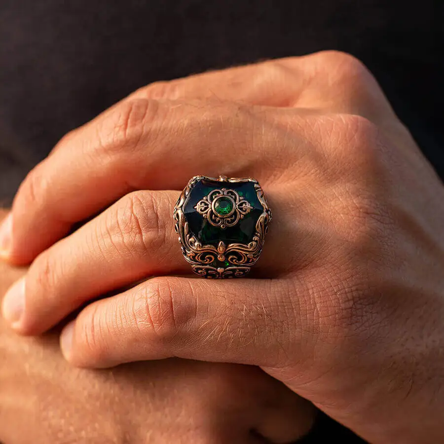 

925 Sterling Silver Ring For Men diamond Green healthy Zircon Stone Vintage Fashion Turkish Premium Qualty Handmade Jawelery