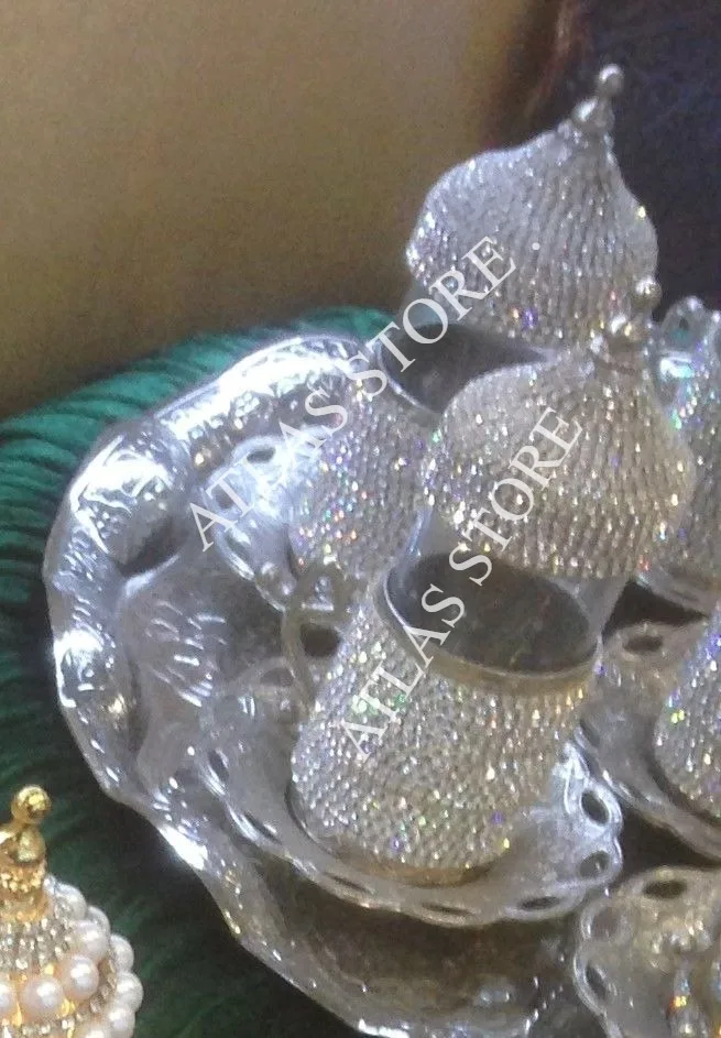

6 person TEA set crystals and beads silver n gold color with big tray