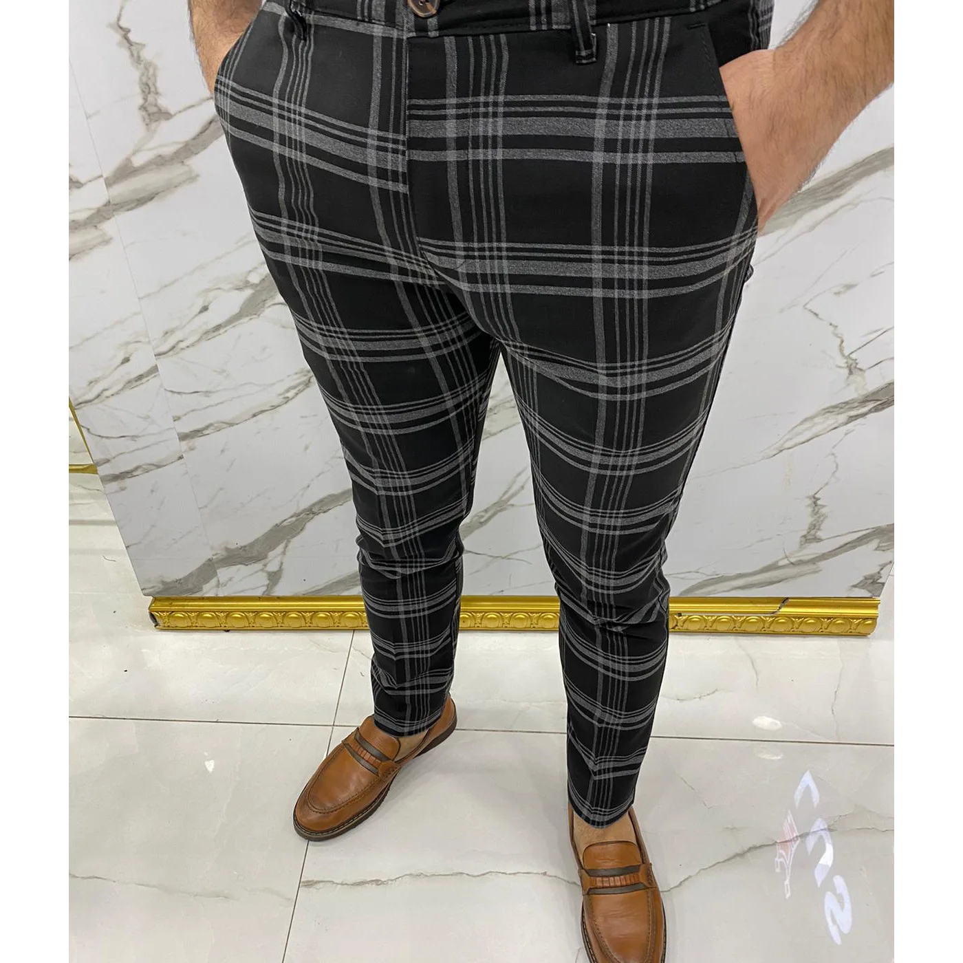 Plaid Pants For Men Checkered Trousers Lattice Striped Slim Fit Button Male Midwaist Korean Style Business Streetwear Clothing | Мужская