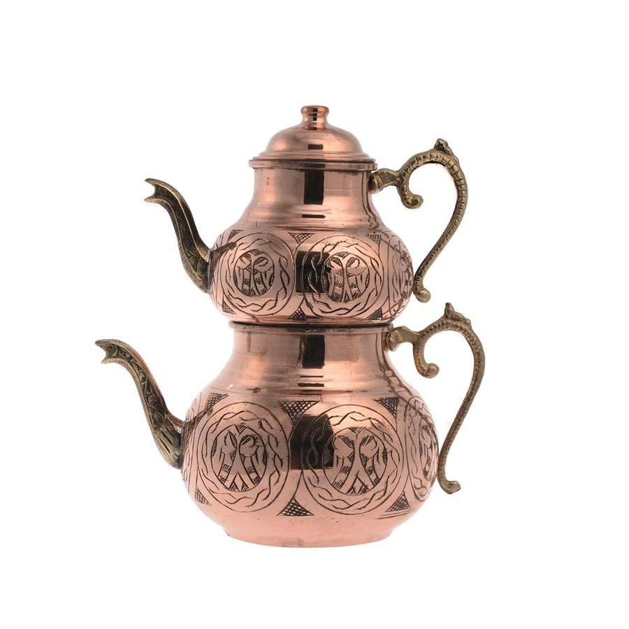 

Turkish Teapot Set 4Pc Double Kettle HQ Copper Stovetop Samovar Tea Maker Turk Cayi Chai Demlik Antique Vintage Style Home Decor