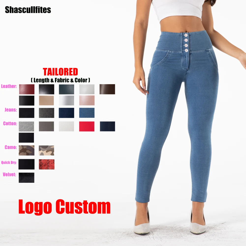 Shascullfites Melody Tailored Pants Women Logo Custom Light Blue High Waist Jeans Button Style Booty Lift Leggings Jeggings