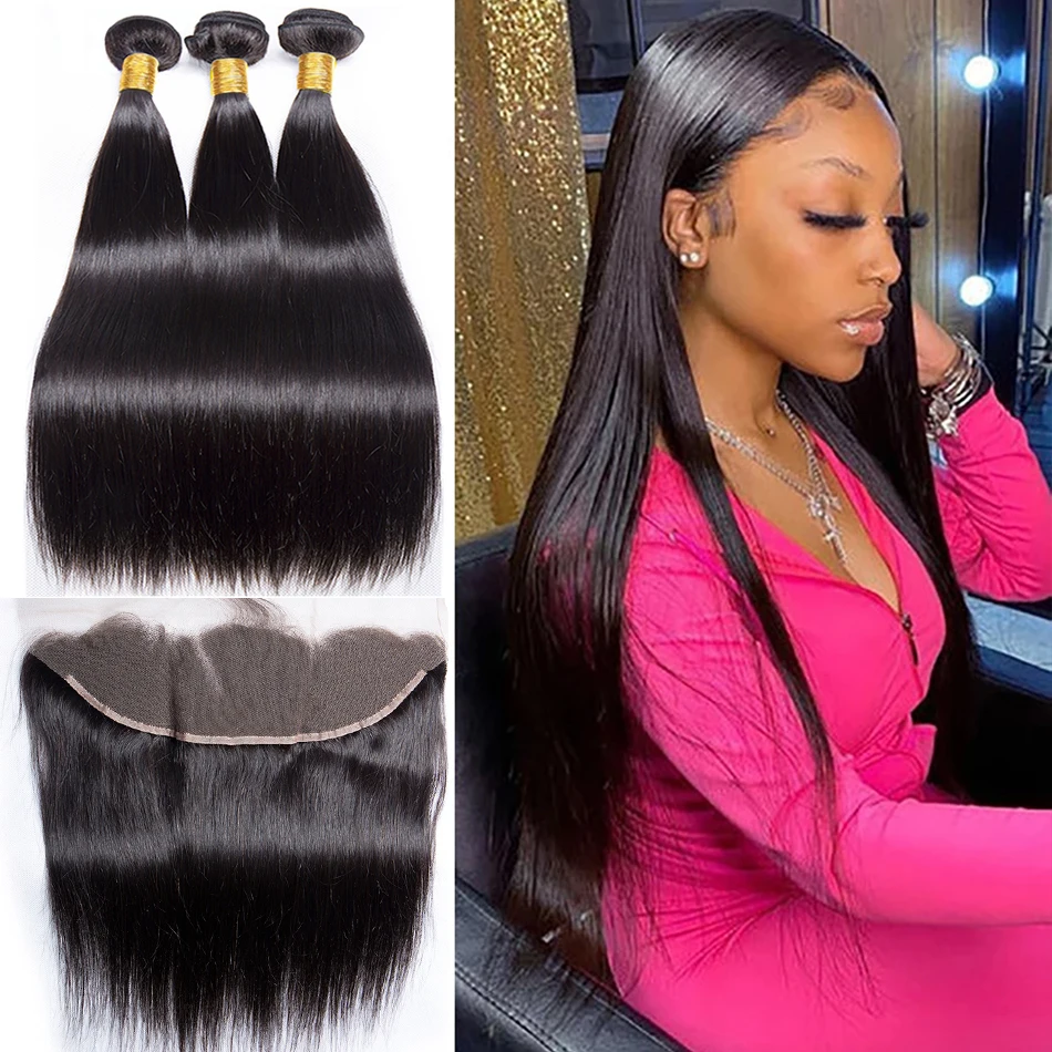 

Brazilian Straight Bundles With Frontal Closure 13x4 Transparent Lace Hair Extensions For Black Women Human Hair Weave Frontal