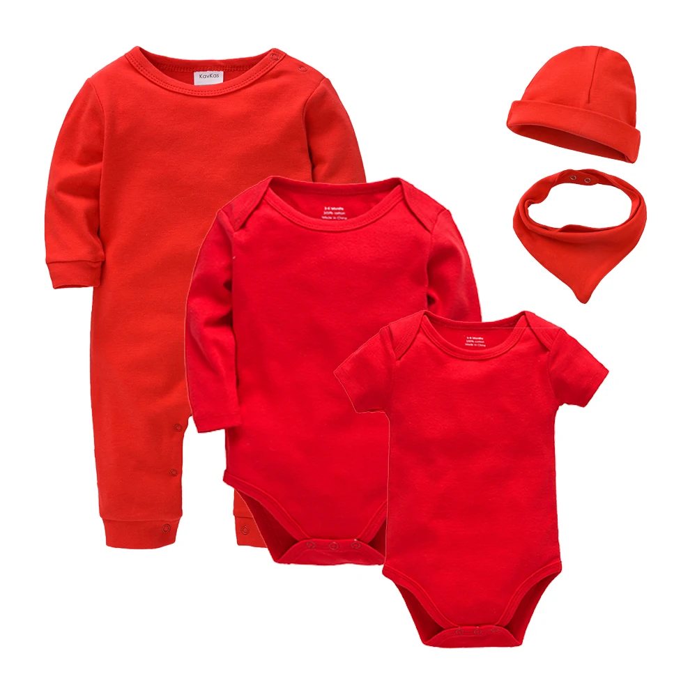 

Kavkas Spring 5 Pcs/Set Baby Boys Girls Clothing Set Red Solid Romper Hats Bibs Gift Kids Jumpsuit For Newborn 0-12M