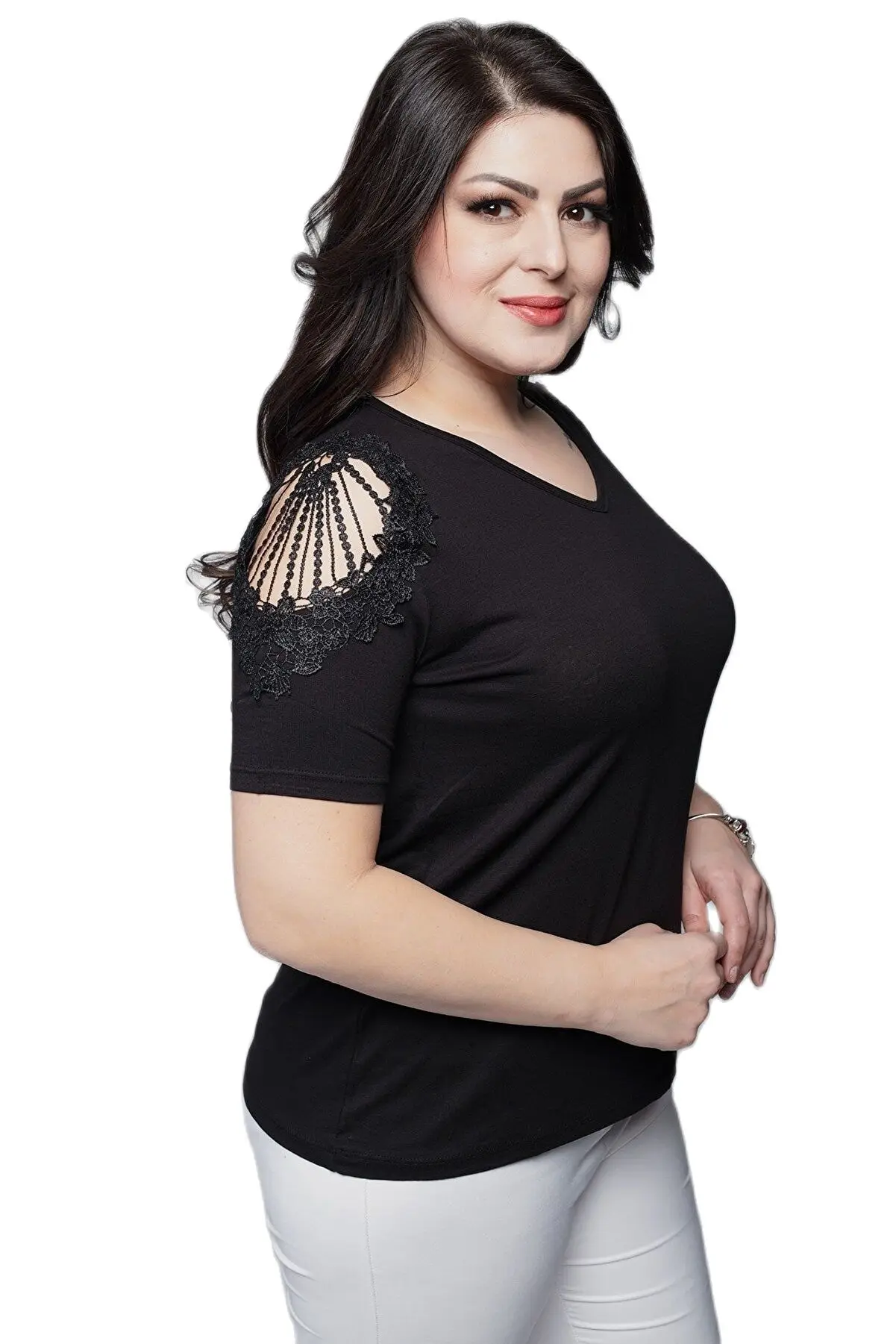 

Women’s Plus Size Blouse Hollow Out Shoulder Lace Detail, Designed and Made in Turkey, New Arrival