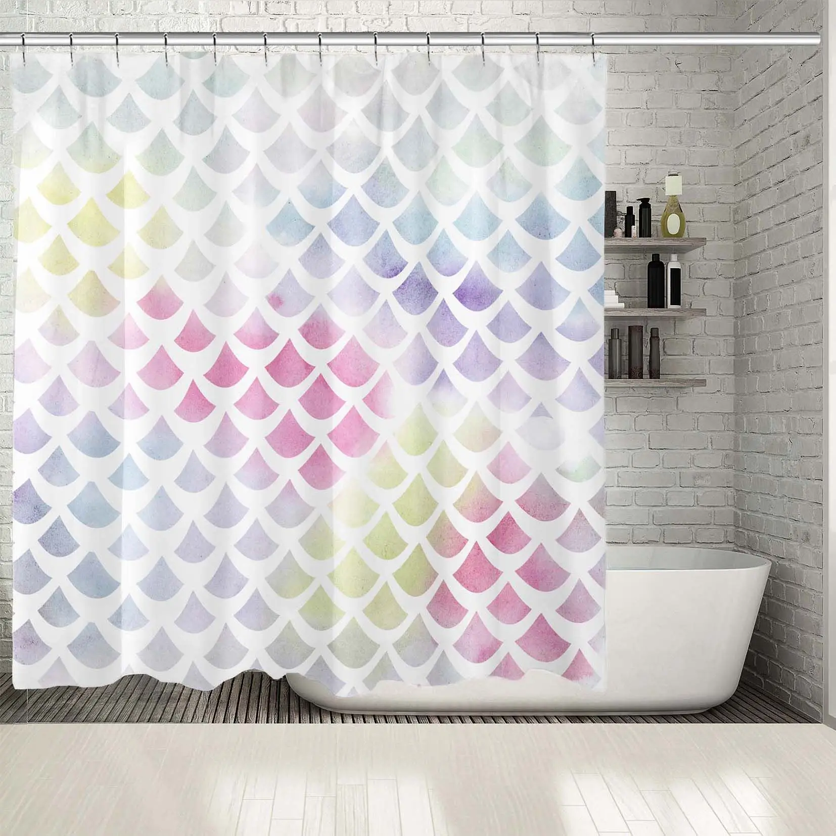Занавеска для душа цветная рыбья чешуя декоративный орнамент стильное