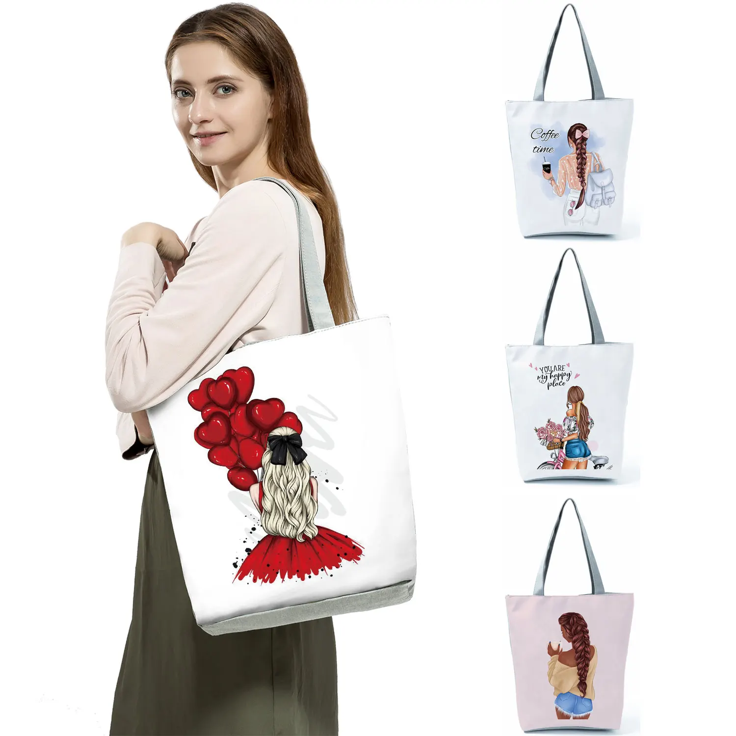 

Cartoon Sisters Daily Eco Friendly Tote Fashion Printed Foldable High Capacity Shopping Bag Portable Storage Women Shoulder Bag