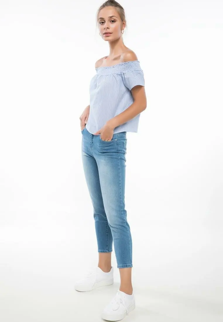 DeFacto Милая женская блузка с коротким рукавом модная полосатая рубашка открытыми