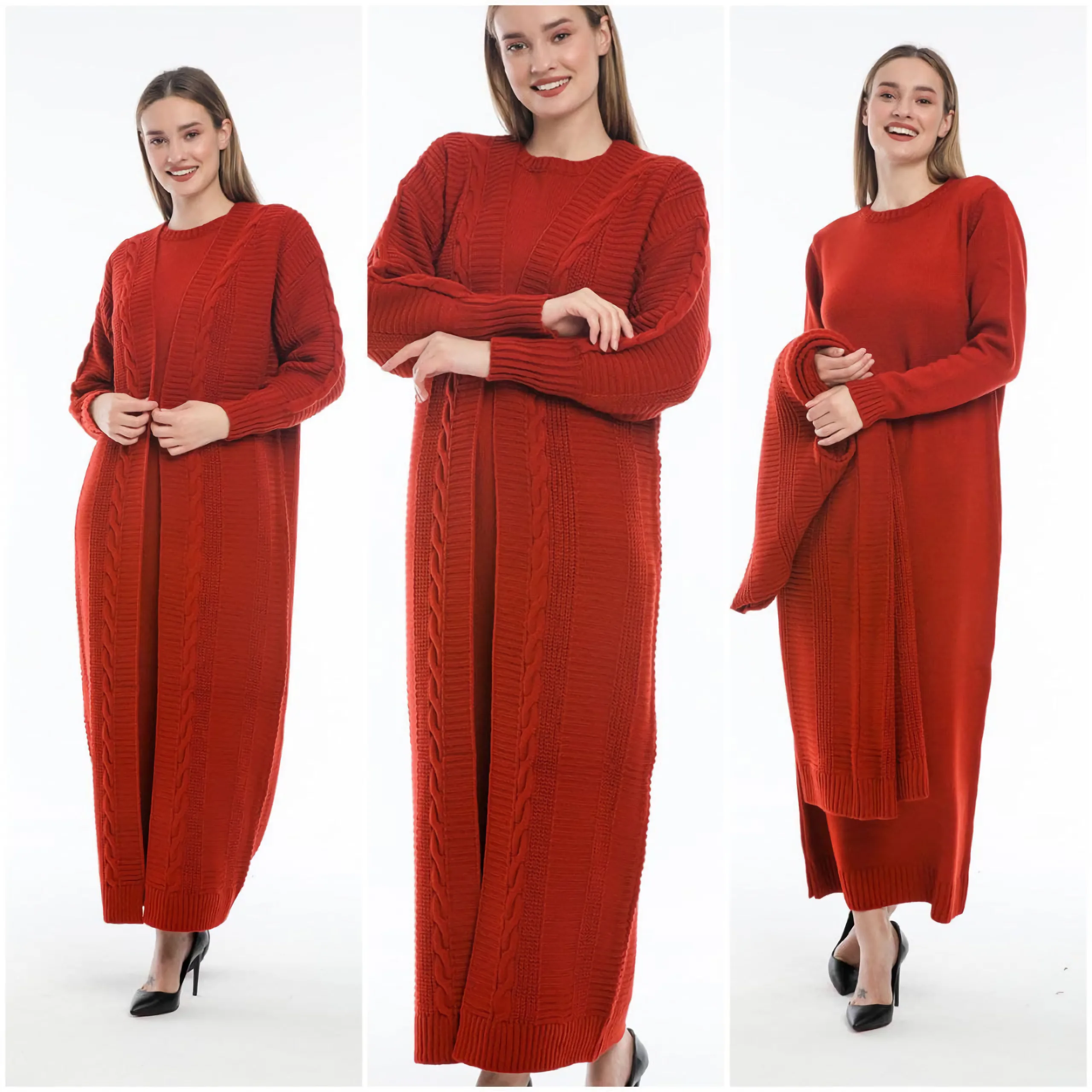 2Pcs Muslim Women Knitted Dress Cardigan Knitwear Modest Clothing African Hijab Islamic Turkey Dubai Abaya Long Sleeve Winter