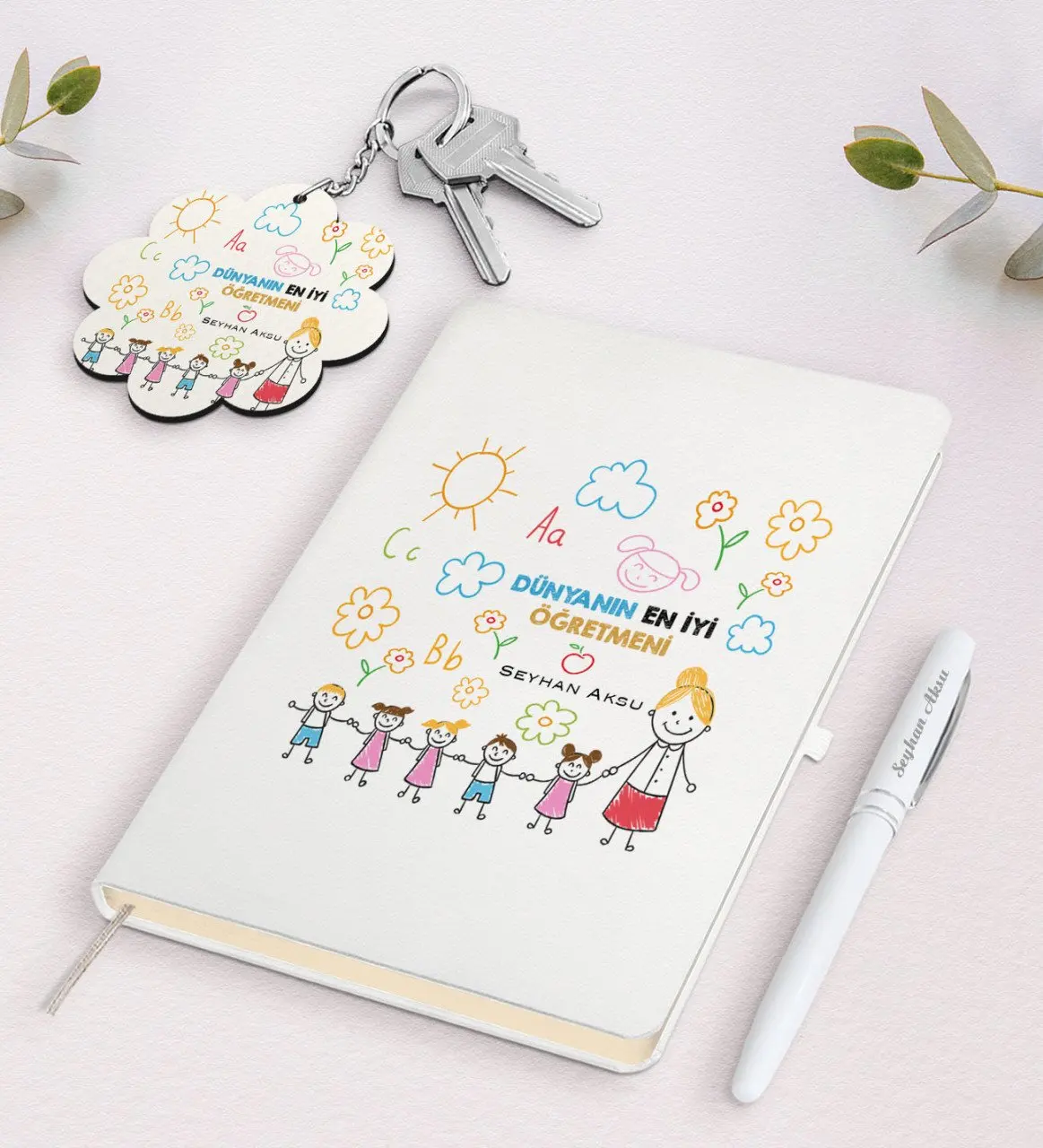 

Personalized World Best Teacher White Notebook Pen And Keychain Gift Seti-25