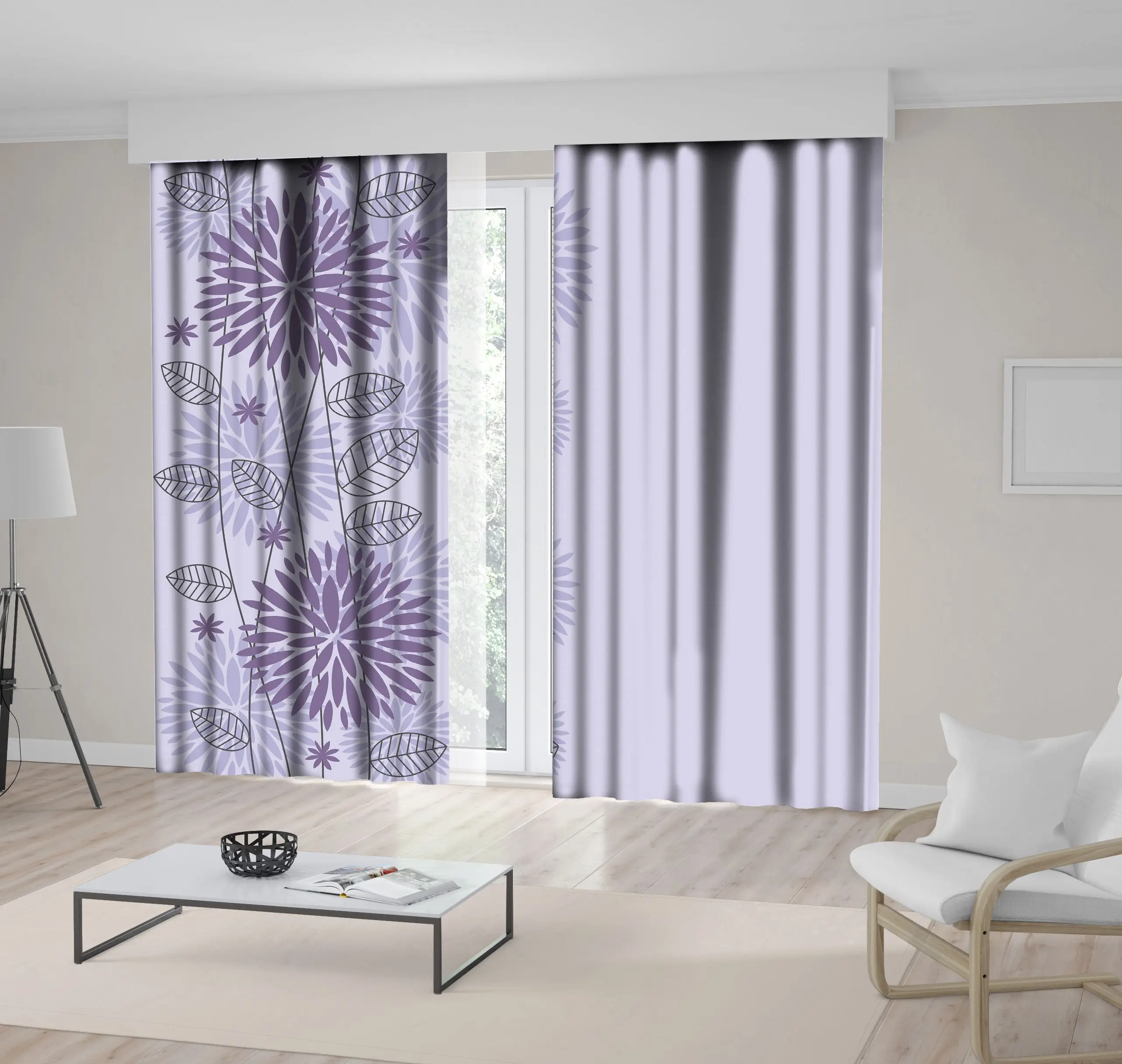 

Curtain Flowers Blooms and Leaves Wildflowers in Summer Nature Floral Modern Artwork Purple Lilac Gray