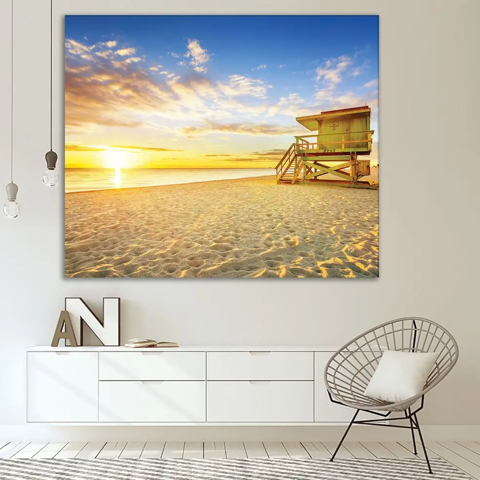 Tapestry Miami South Beach Sunrise Lifeguard with Tower Coastline Colorful Cloud Scenery Blue Yellow Beige | Дом и сад