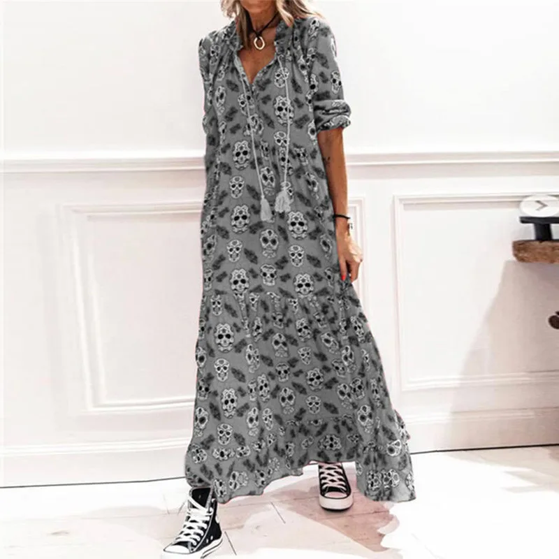 

Retro Skull Printed Women Maxi Dress V Neck Long Sleeve A-Line Party Dress Ladies Summer Fashion Drawstring Tassel Loose Dresses