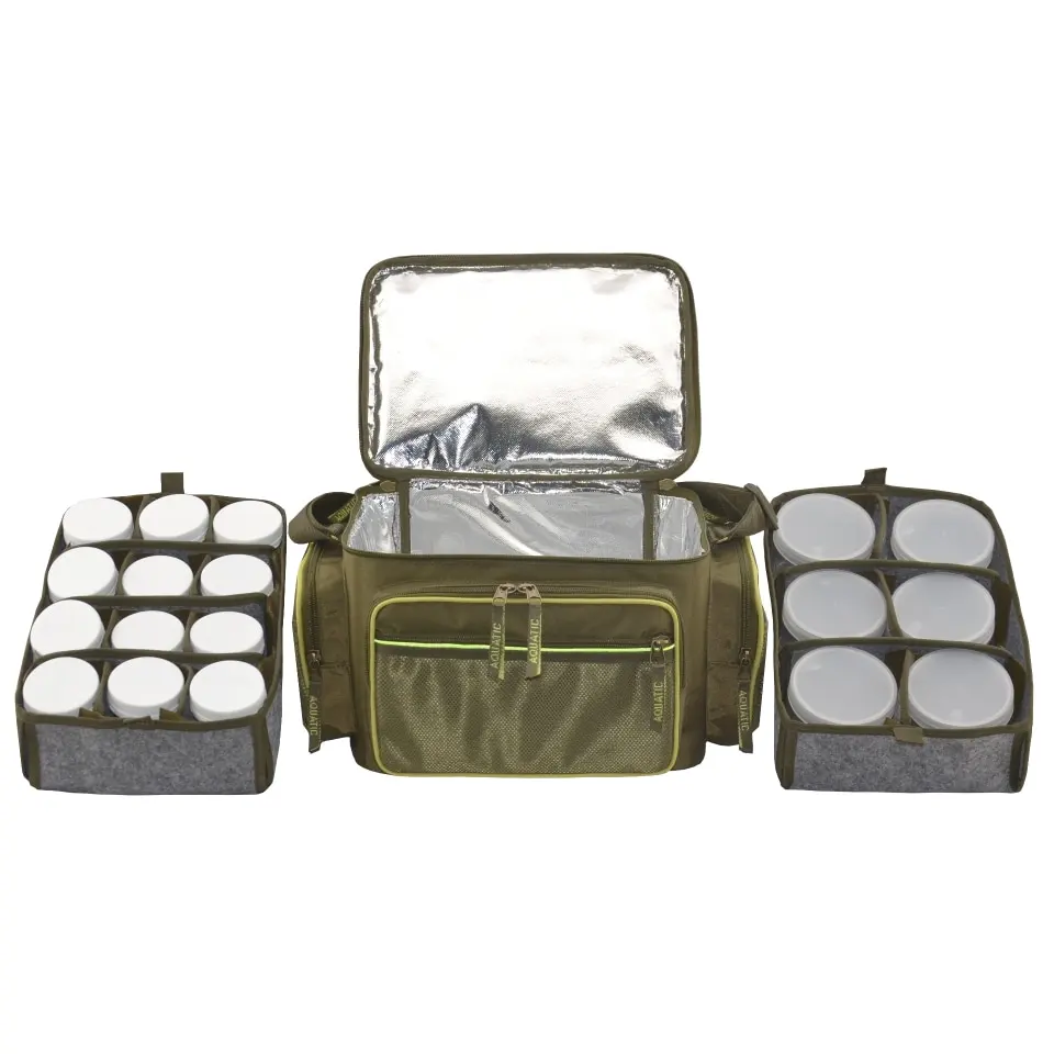Fishing Thermo bag with banks 18 PCs for storing dips and nozzles aquatic C-43 (32x23x27 cm) |