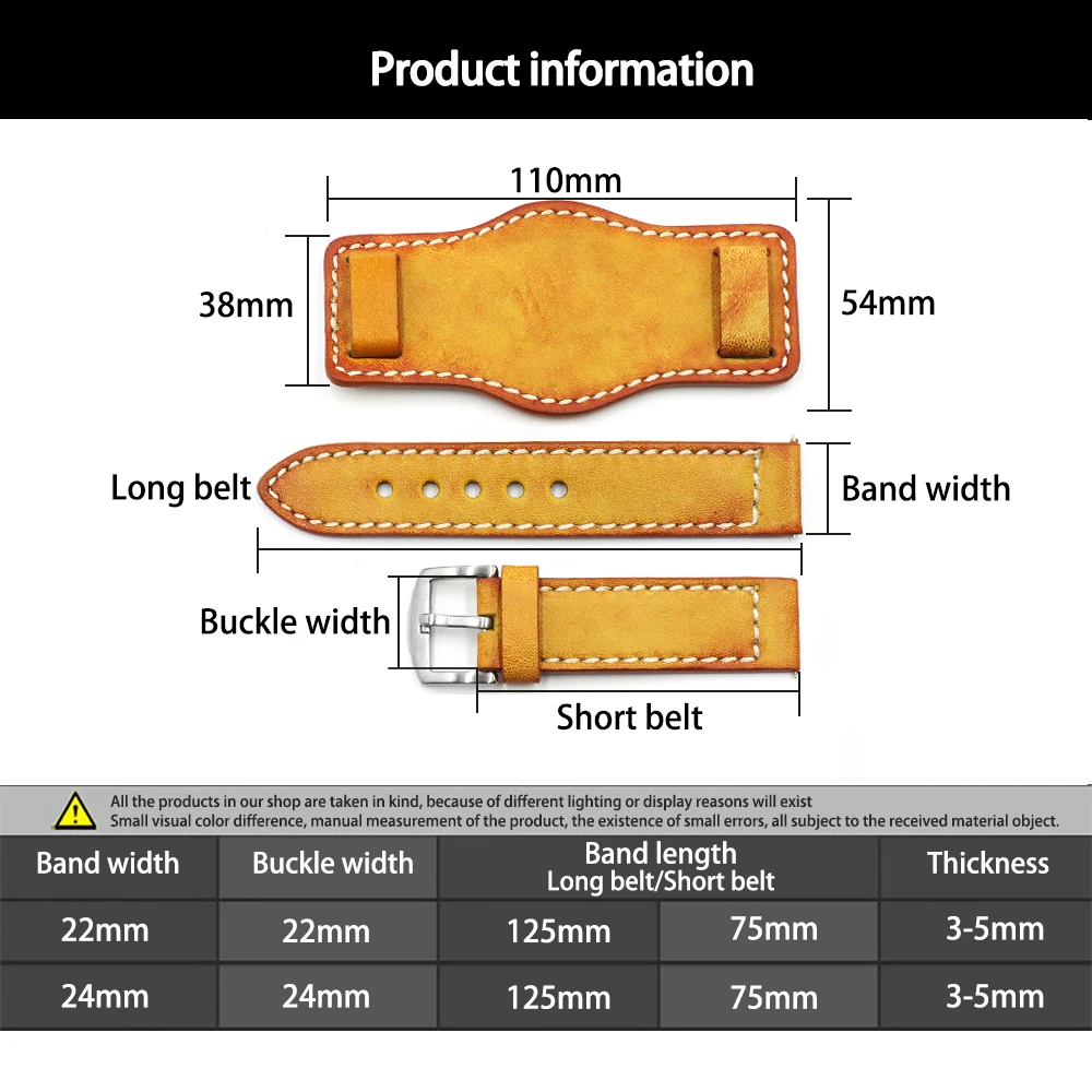 Onthelevel Leather Cuff Watch Band 22mm 24mm Watch Strap With Mat Wrist Protection Yellow Red Watchband For Fossil #D