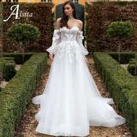 luxury a line wedding dresses with puffy sleeves bridal gown with tulle sweep train vestido de noiva wedding gown