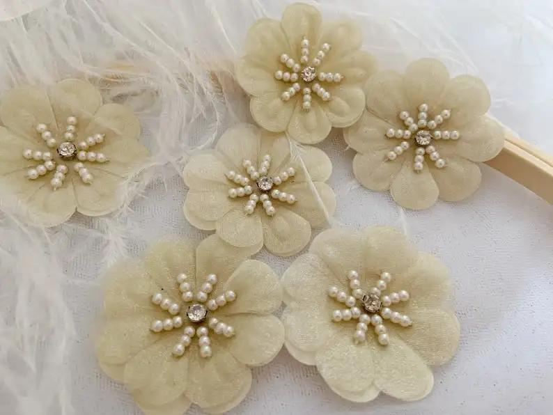 

10 pcs Champagne 3D Flowers Applique Heavy Bead Petals With Rhinestone