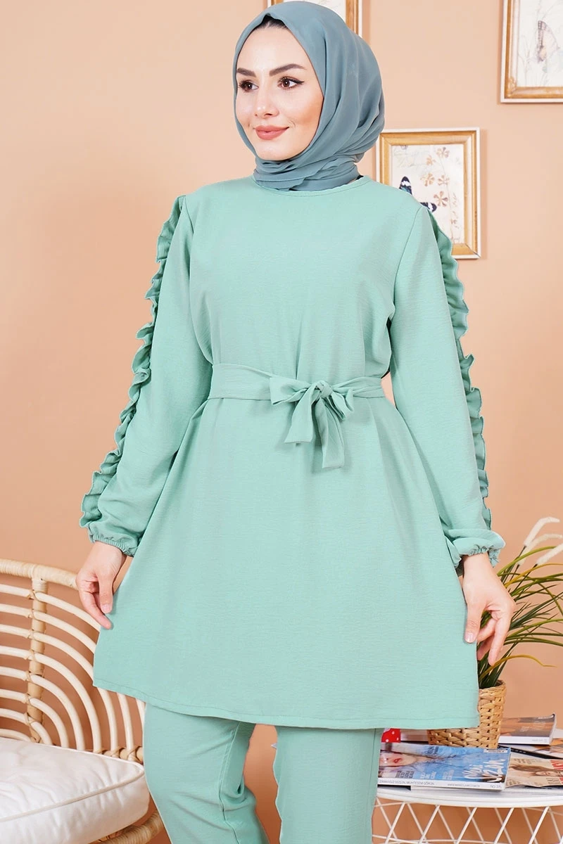 Женский комплект из двух предметов топ и брюки с оборками длинным рукавом